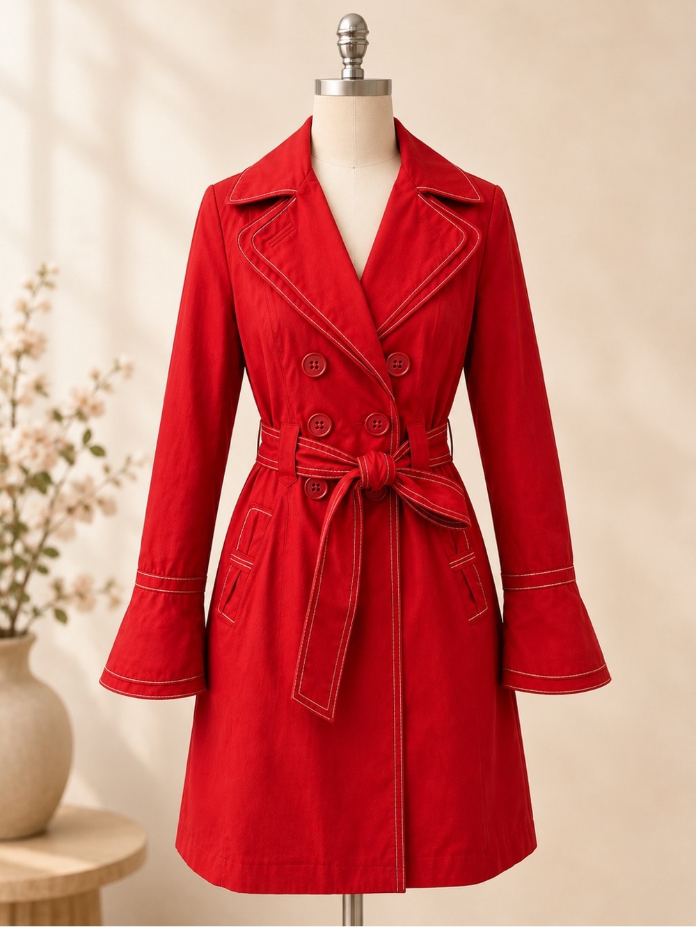 Laundry By Design Red Coat Bell Sleeve Trench Jacket Belted Cotton Fabulous - Picture 2 of 13